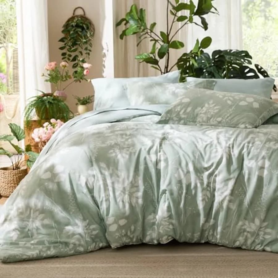 Set Copripiumino - 7 Pezzi Floreale Verde Salvia GentleSoft ™ Set di Biancheria da Letto con Motivi Floreali Botanici, Piumino Invernale e Lenzuola