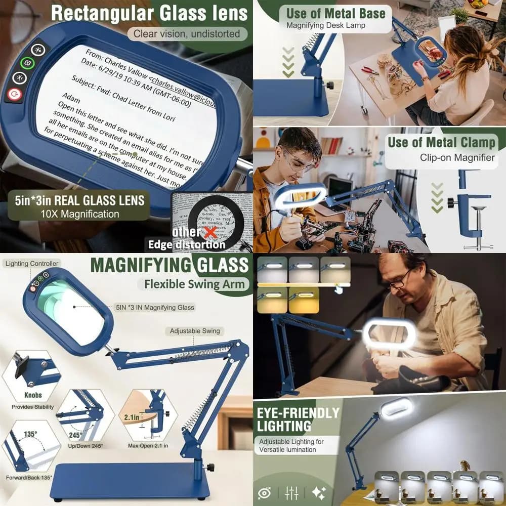 Lente d'ingrandimento 5x con luce regolabile, lampada da scrivania a LED 2-in-1 e morsetto, lente d'ingrandimento a mani libere per lettura, artigianato e lavori di precisione