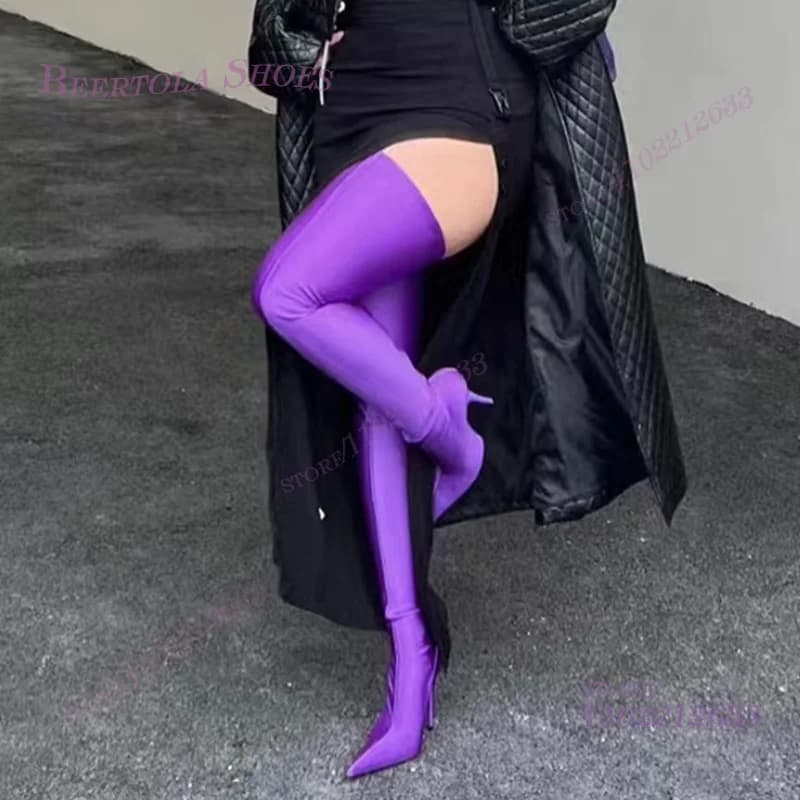 Stivaletti alti alla coscia elasticizzati viola vibranti Tacchi a spillo da donna Stivaletti al ginocchio con punta a punta elasticizzata in pelle scamosciata nera Scarpa slip-on invernale