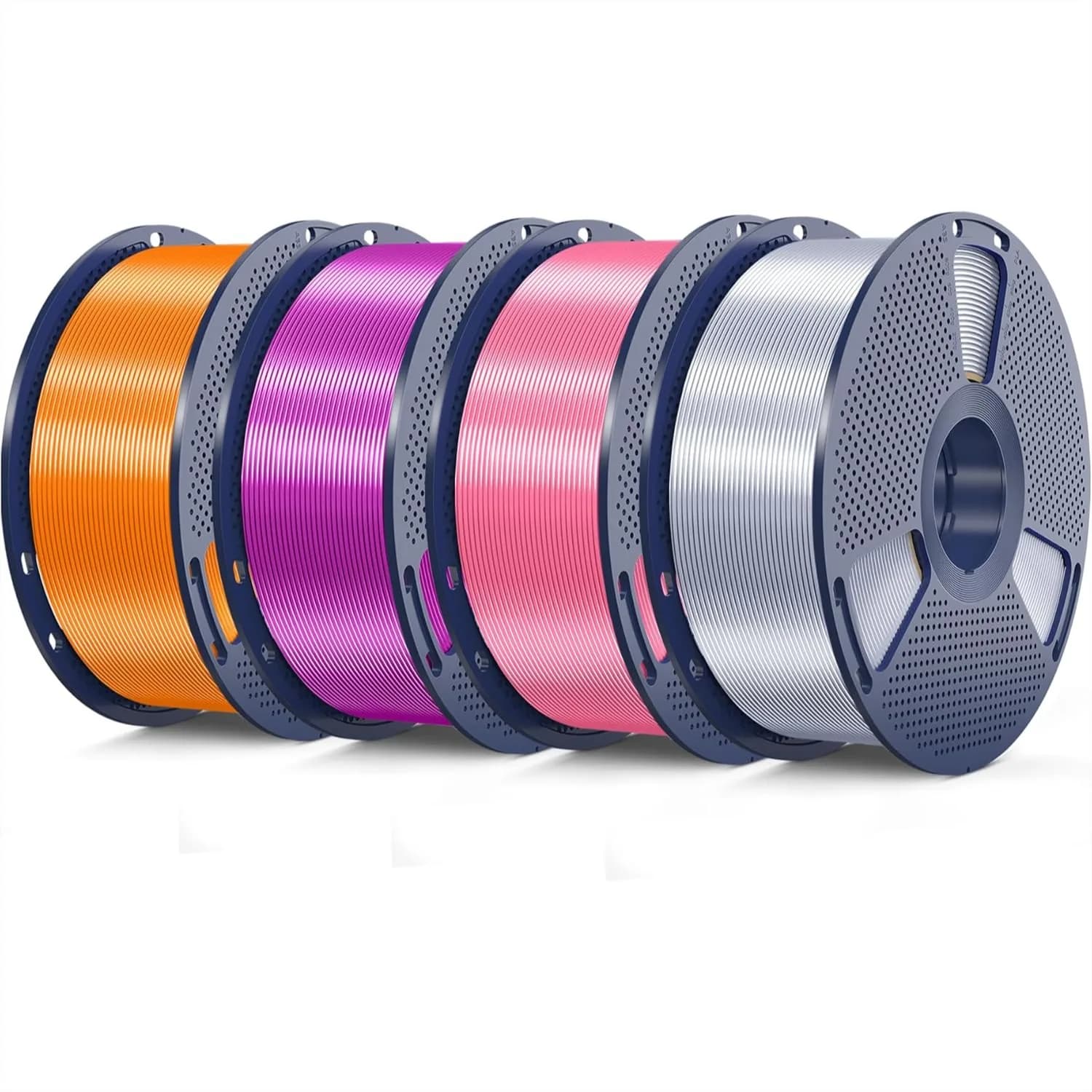 Filamento PLA Seta 4KG, Superficie Liscia e Setosa, Precisione Dimensionale 1.75mm +/-0.02mm, 4 Bobine Argento+Rosa+Viola+Arancione per