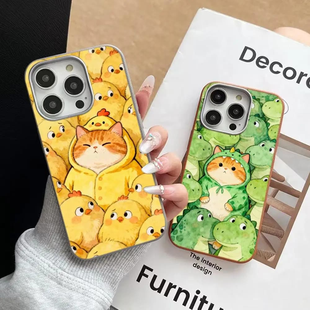 Cute Dress Up Cat With Chicks Dinosaur Seal Phone Case For iPhone 17 14 Plus 16E 12 11 Pro Max 7 SE2 Protection Shockproof Cover
