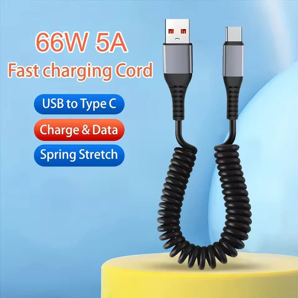 Cavo di ricarica rapido elasticizzato a molla da 66 W USB A a USB C per iPhone 17 16 15 Pro Max Samsung Huawei Xiaomi Cavo dati Accessori