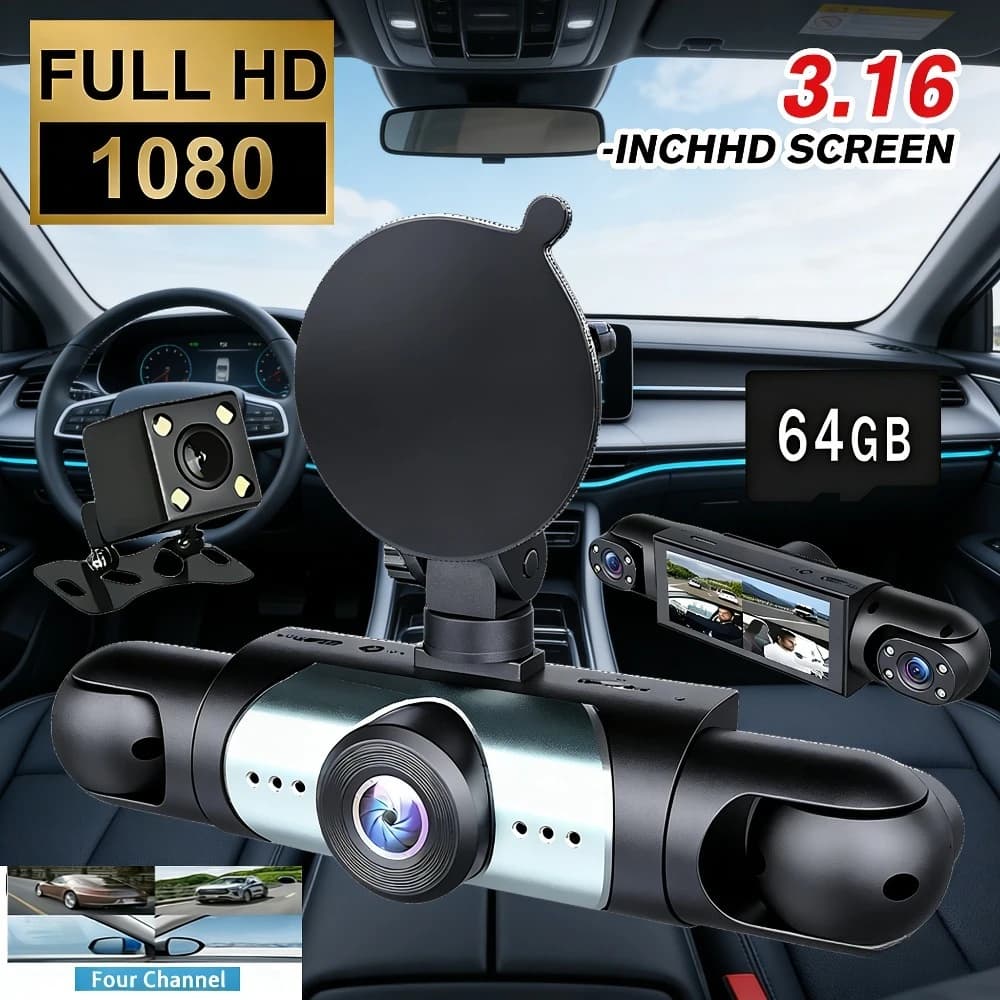Dash Cam a 4 Lenti e 4 Canali, Anteriore Posteriore Sinistra Destra, 1080P, Schermo da 3,16", Telecamera DVR per Auto 150° ° Registrazione in Loop ad Angolo Ampio con Scheda da 64GB