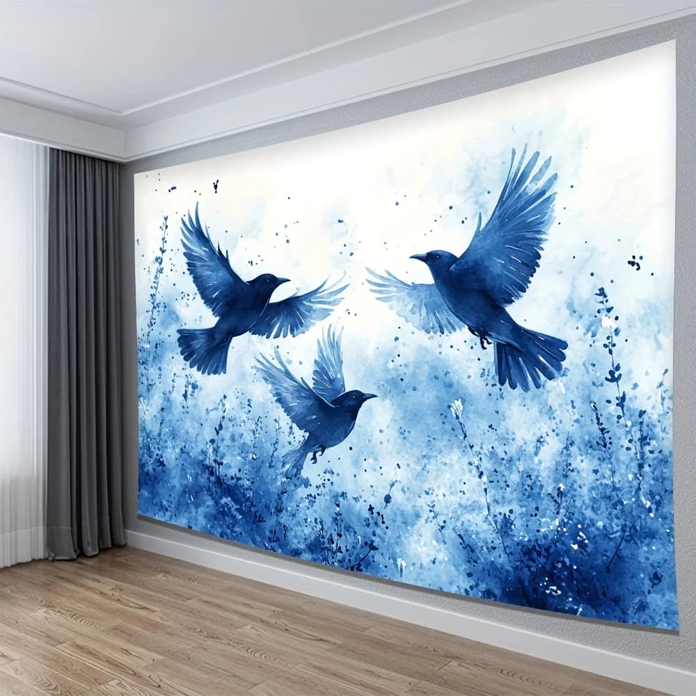 Watercolor Blue Bird Tapestry Wall Hanging Abstract Nature Art Decor Modern Aesthetic Large Canvas Print
