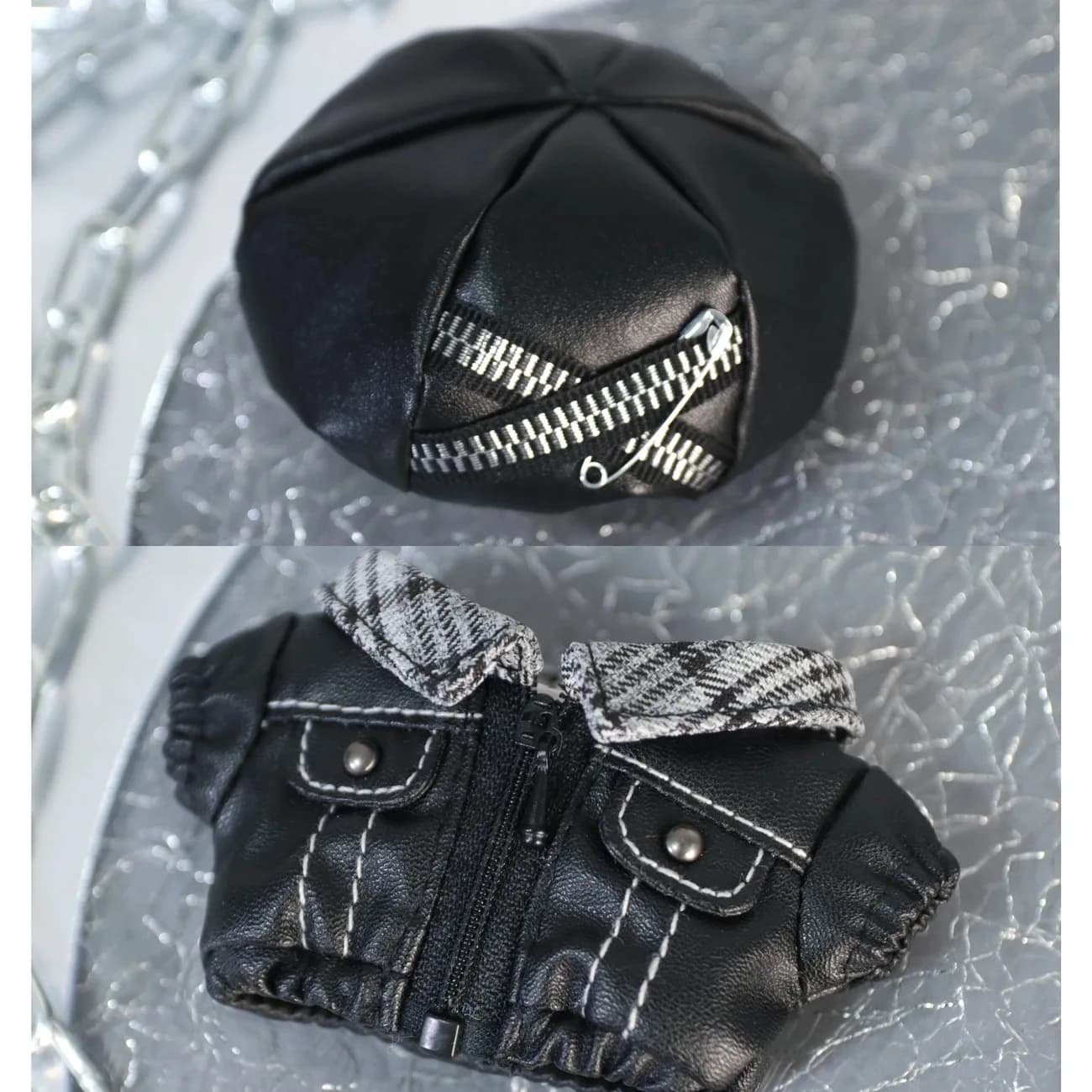 2026 new 10cm cosplay leather jacket, leather hat, old record set, doll leather jacket, color blocked