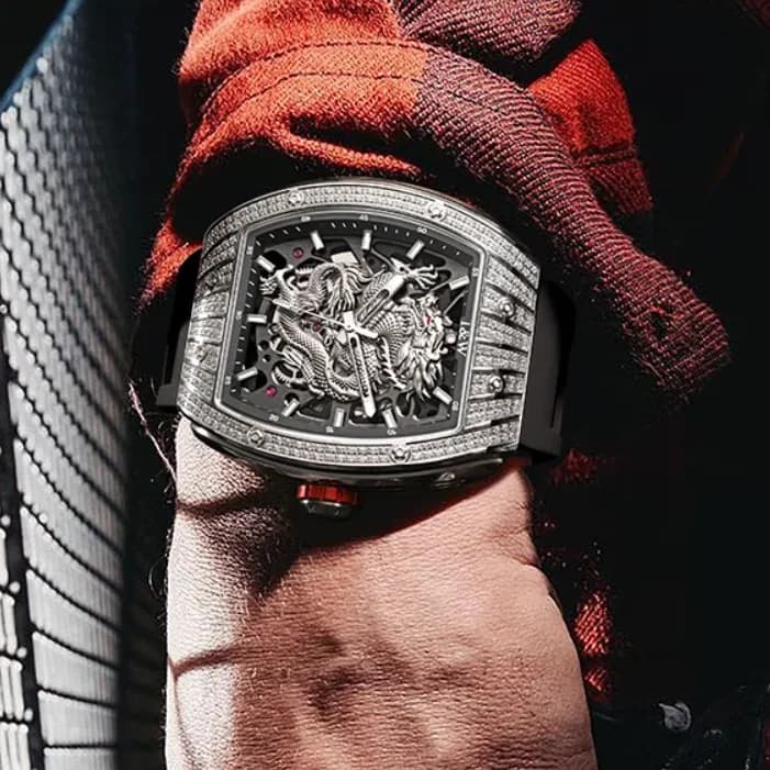 I&W Men Automatic Watch Tonneau Mechanical Wristwatch Skeleton Dragon Dial Sapphire Mirror Waterproof Luminous Crystal Bezel