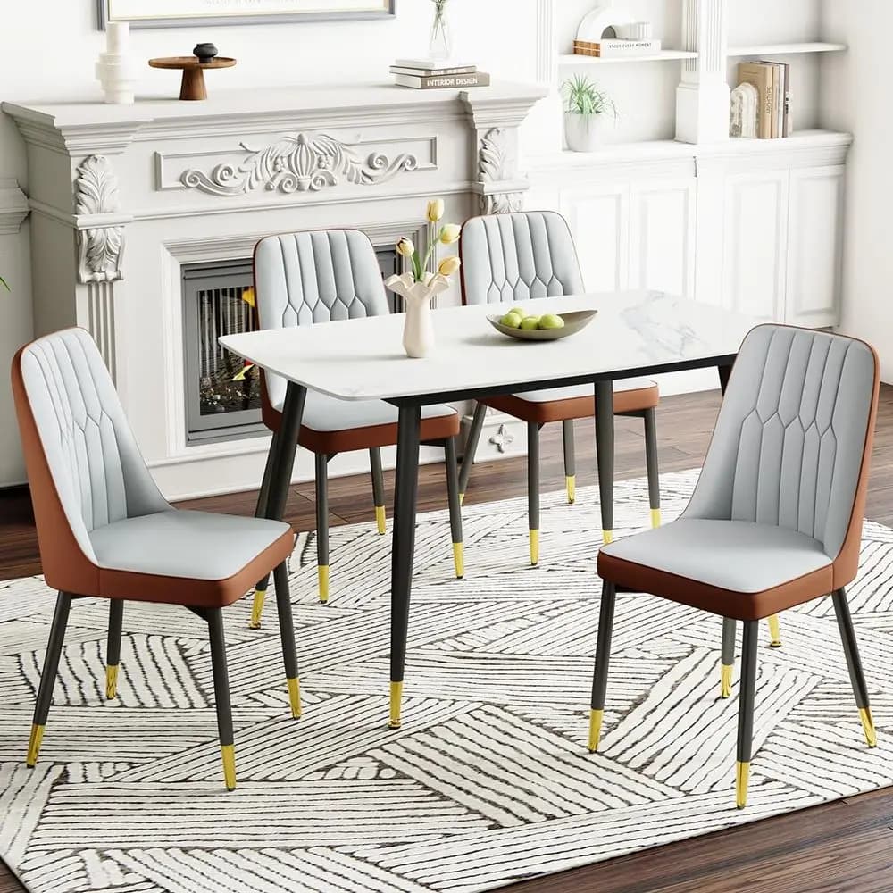 Set di 4 sedie, sedie moderne per sala da pranzo, sedie da pranzo in ecopelle con cuscino spesso e gambe in metallo, sedie da cucina grigio-marrone