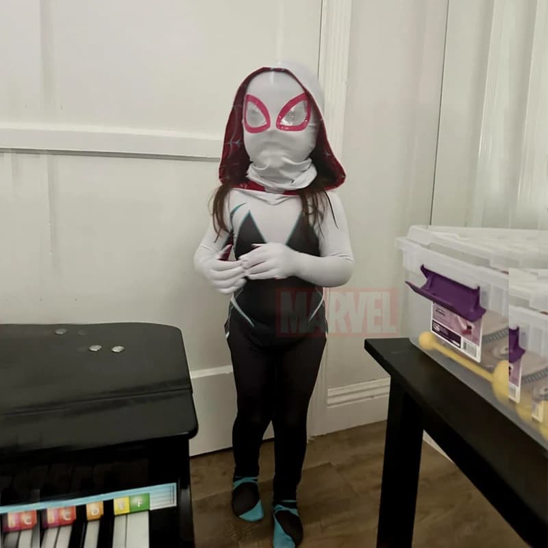 Costume da Gwen Stacy Spider per Bambine, Tuta Intera per Halloween, Cosplay, Feste, Travestimento con Maschera, Cappuccio e Mantello