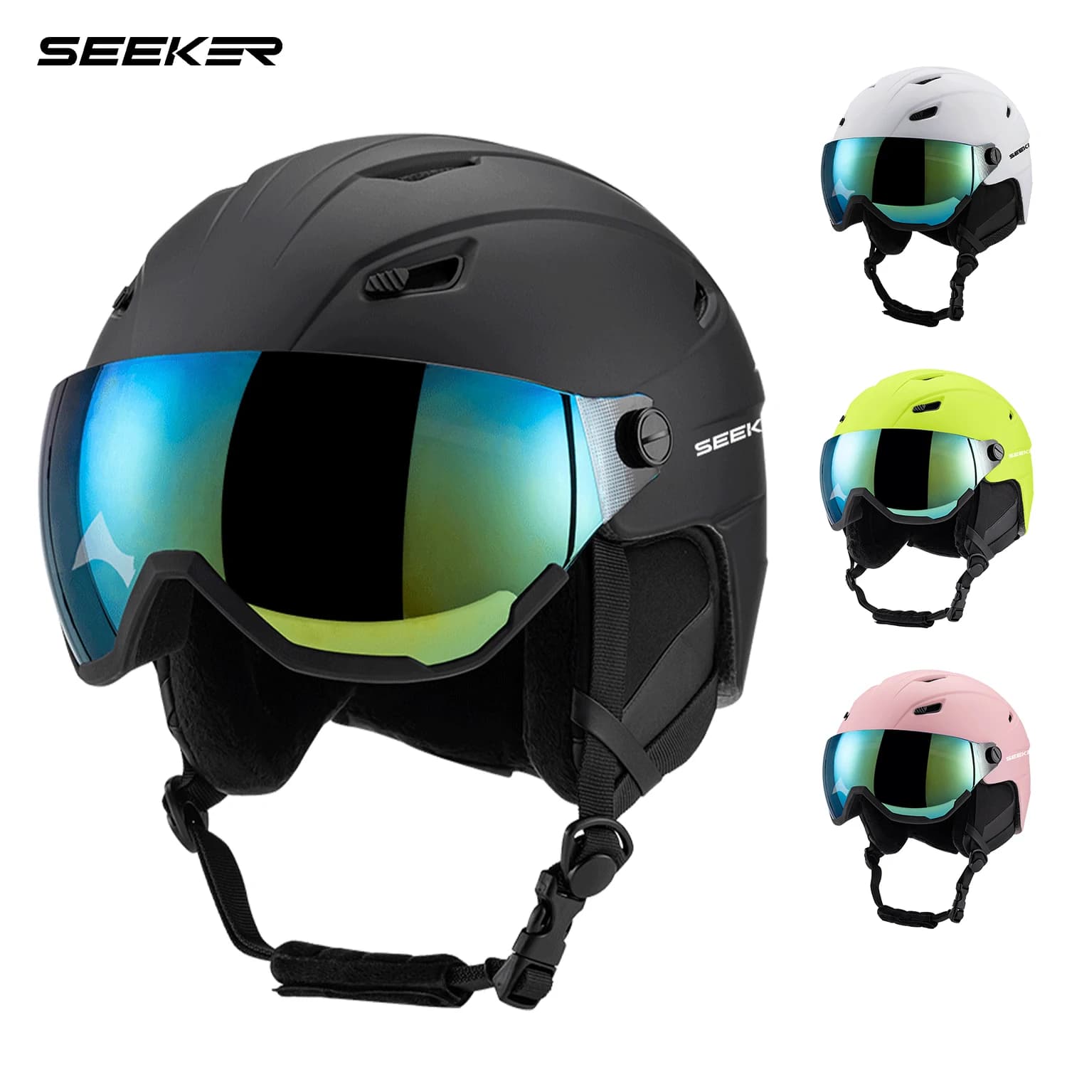seeker adult ski helmet with integrated ski goggles, comfortable, warm, impact-resistant, single and snowboarding sports helmet
