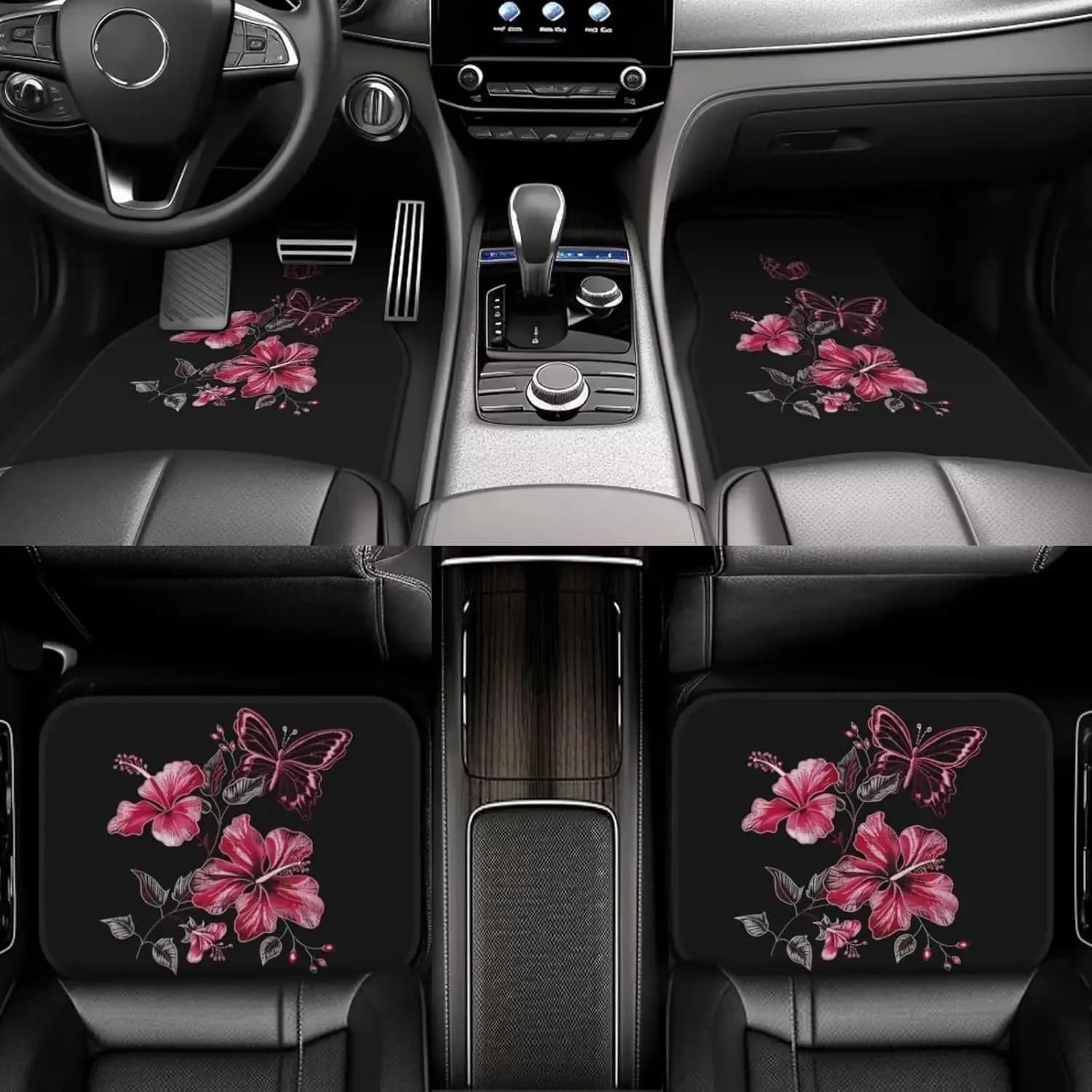 Tappetini per auto Hibiscus & Butterfly, set completo di 4 tappetini neri per auto, tappetini per auto, accessori per auto