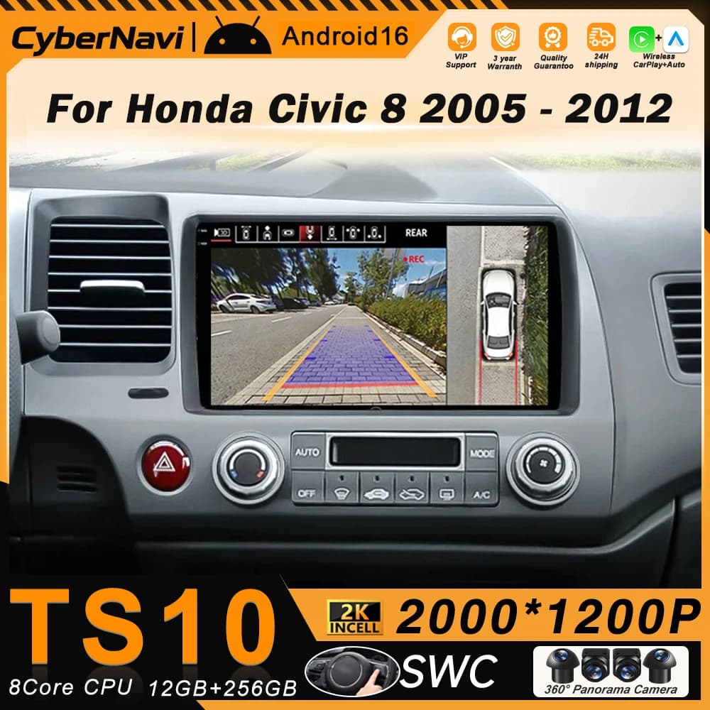Autoradio Android Carplay per Honda Civic 8 2005-2012, Lettore Multimediale con Navigazione GPS, SWC, 2 Din, 4G, DVD, Bluetooth