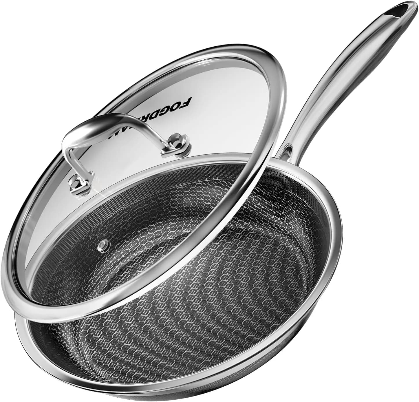 FogDream Padelle Antiaderenti, Padella in Acciaio Inox da 10 Pollici con Coperchio in Vetro Temperato, Acciaio Inox Tri-Ply per Tutti i Piani Cottura