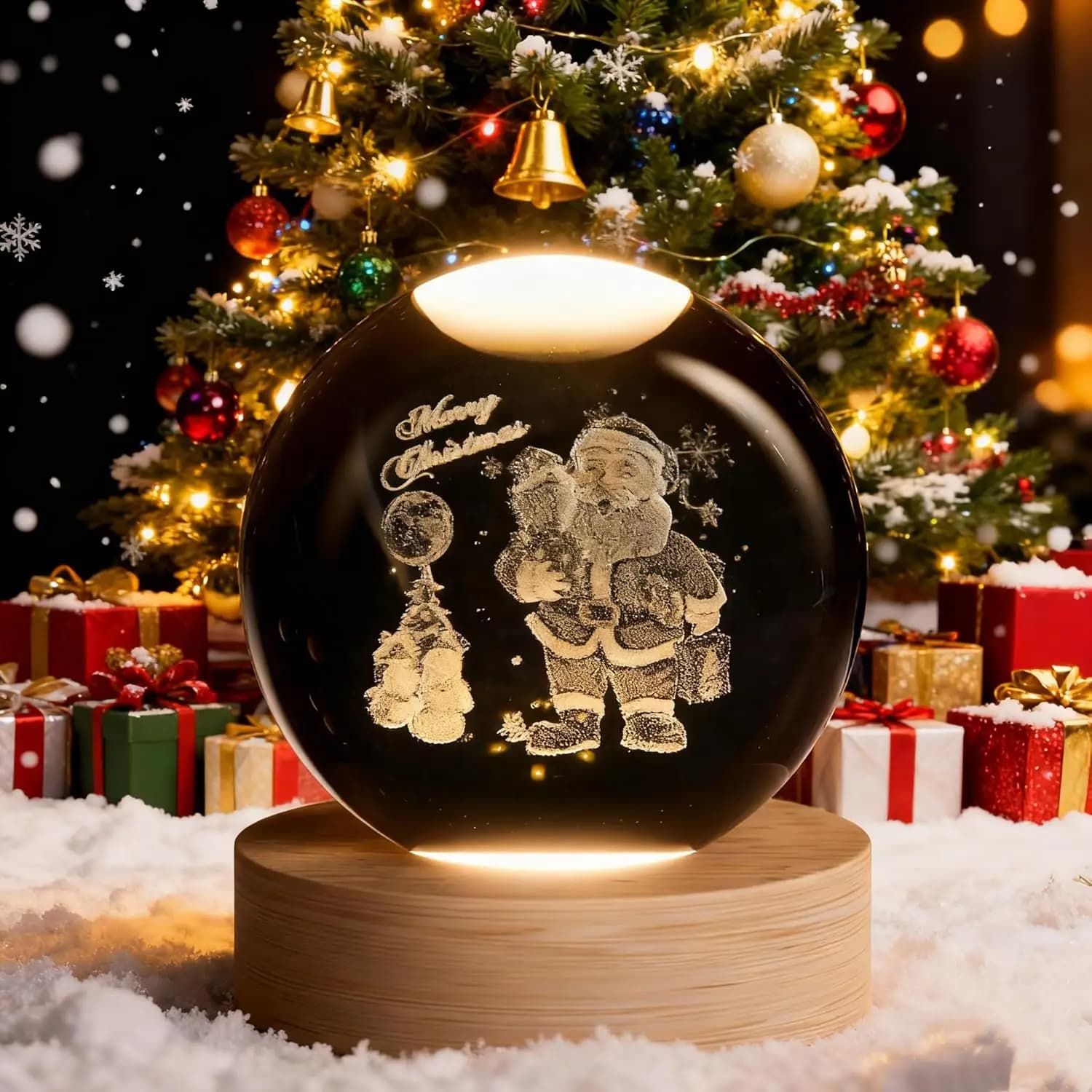 Sfera di Cristallo con Pupazzo di Neve da 2,4 Pollici con Base LED, Statuetta di Babbo Natale, Decorazione per Casa e Ufficio, Regalo