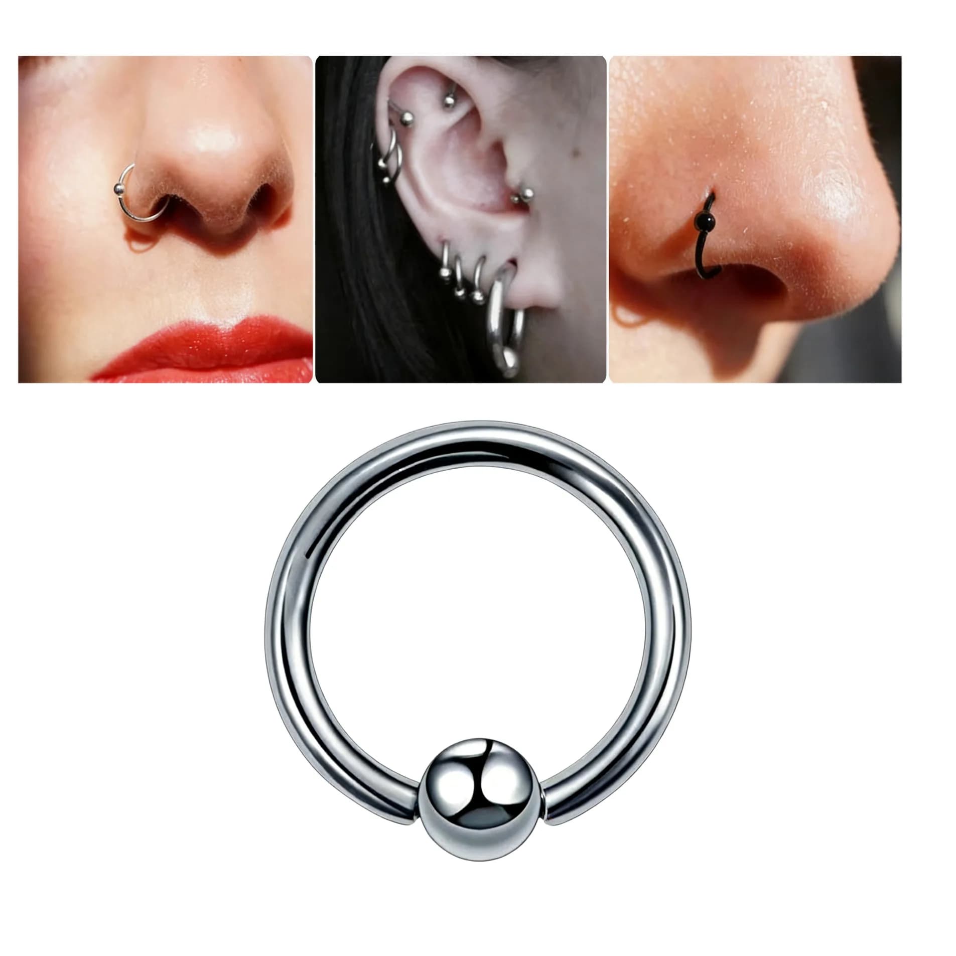 1 Pezzo Anello da Naso Rotondo in Acciaio Inossidabile 316L con Sfera, Clicker per Septum 8/10MM, Gioielli Piercing Punk Rock per Orecchio, Helix, Septum