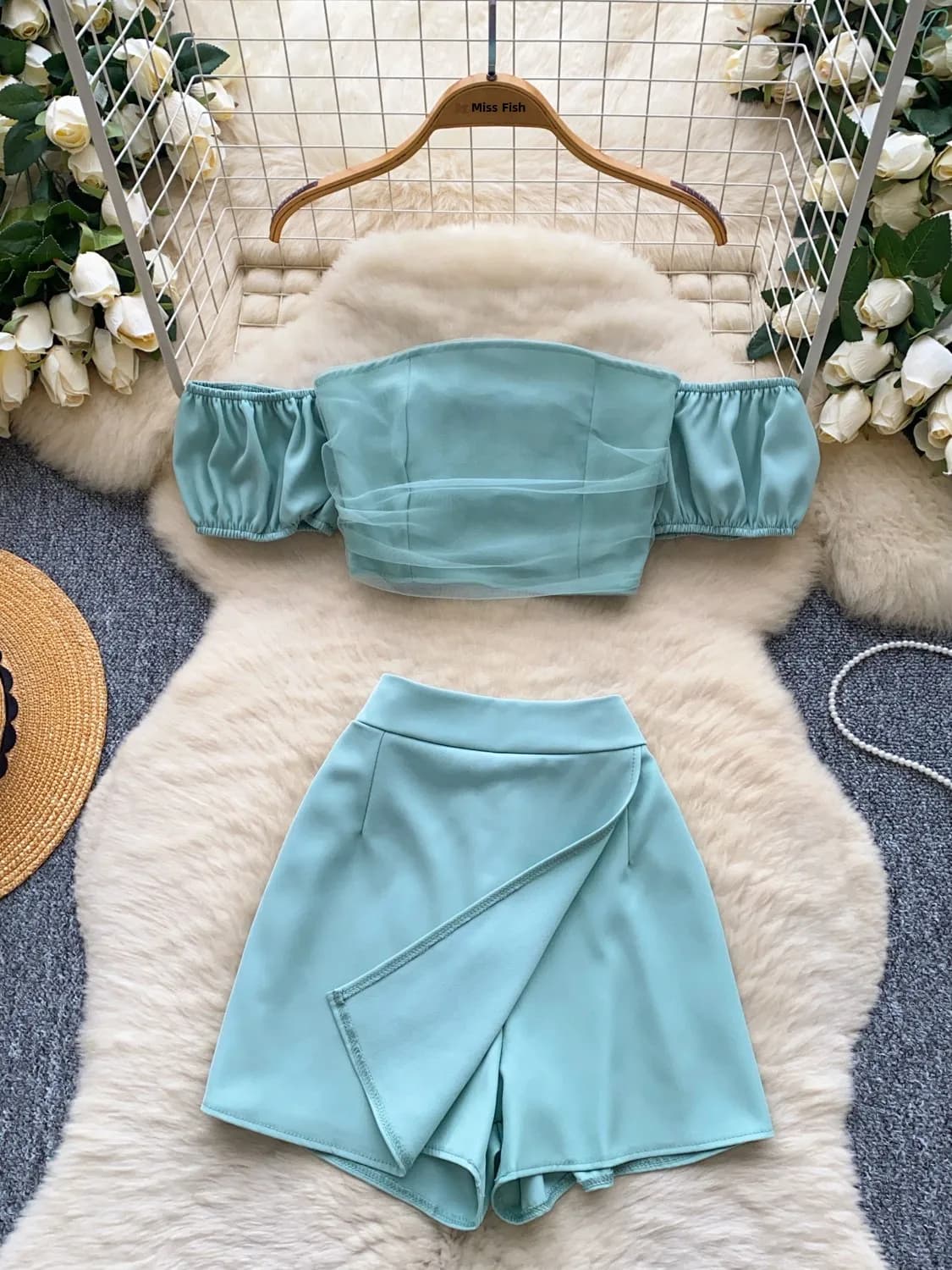 Fashionable Mesh Shoulder Summer Outfit with Bubble Sleeves And Asymmetrical Shorts for Women Short Sleeve round Neck