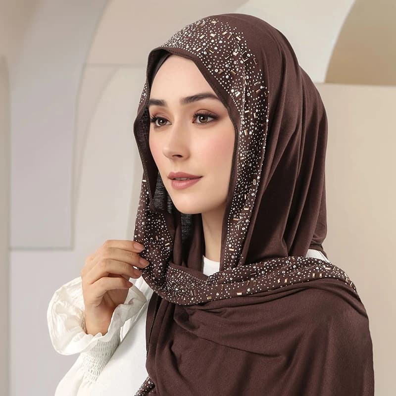 Hijab in Cotton Jersey with Luccic Strass for Muslim Women, Scarf Tinta Unita, Islamic Copricapo, Turbante, Bandana for Ramadan