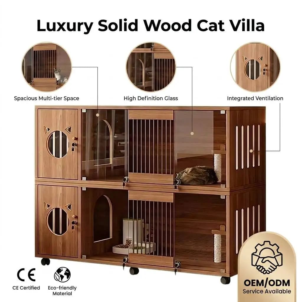 Luxury Multi Level Solid Wood Cat Cage Wholesale Large Indoor Cat Villa with Litter Box Integrated Cattery House Pet Furniture