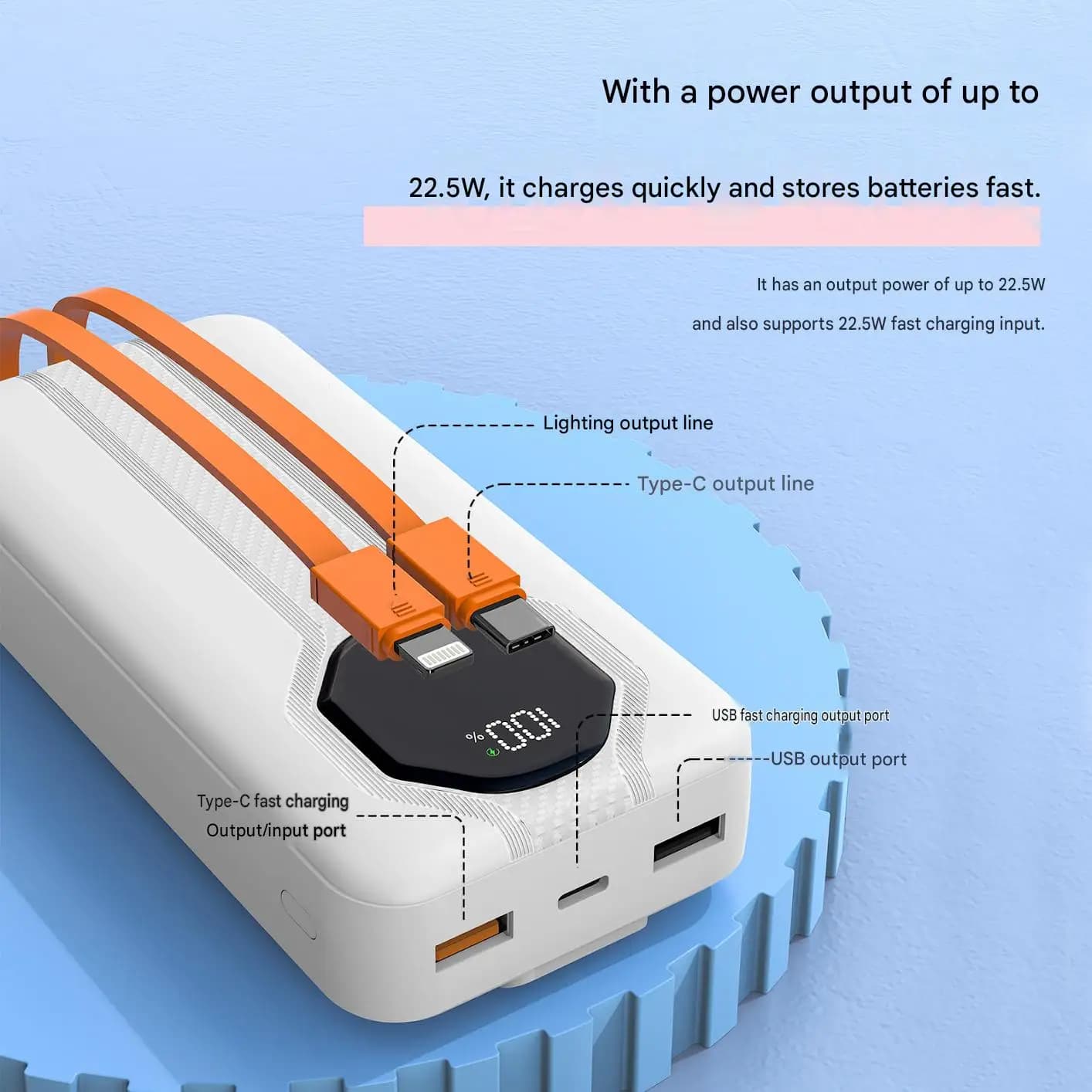 20000mAh Power Bank with Digital Display Built-in Cable Fast Charging Portable Charger 3C Certified Super Fast Charge Large Capacity External Battery Pack Airplane Friendly for Travel Smart Phone