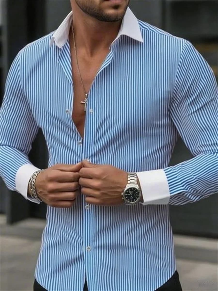 Colletto della camicia formale a maniche lunghe con risvolto a righe slim fit da uomo, pendolarismo d'affari, abbigliamento da lavoro alla moda e confortevole