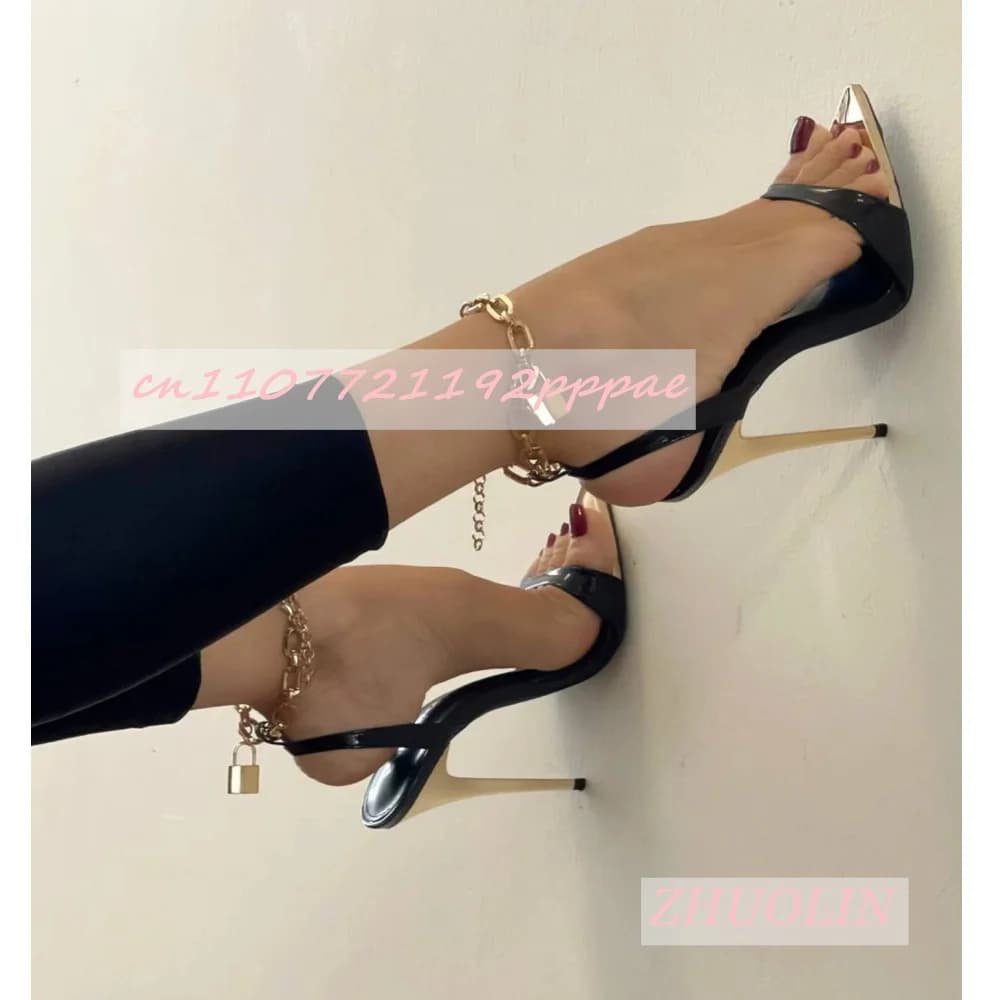 Women'S Metal Pointed Black High Heels Summer Ankle Metal Chain Back Strap Sandals Nightclub Party Women'S Shoes Zapatos Mujer