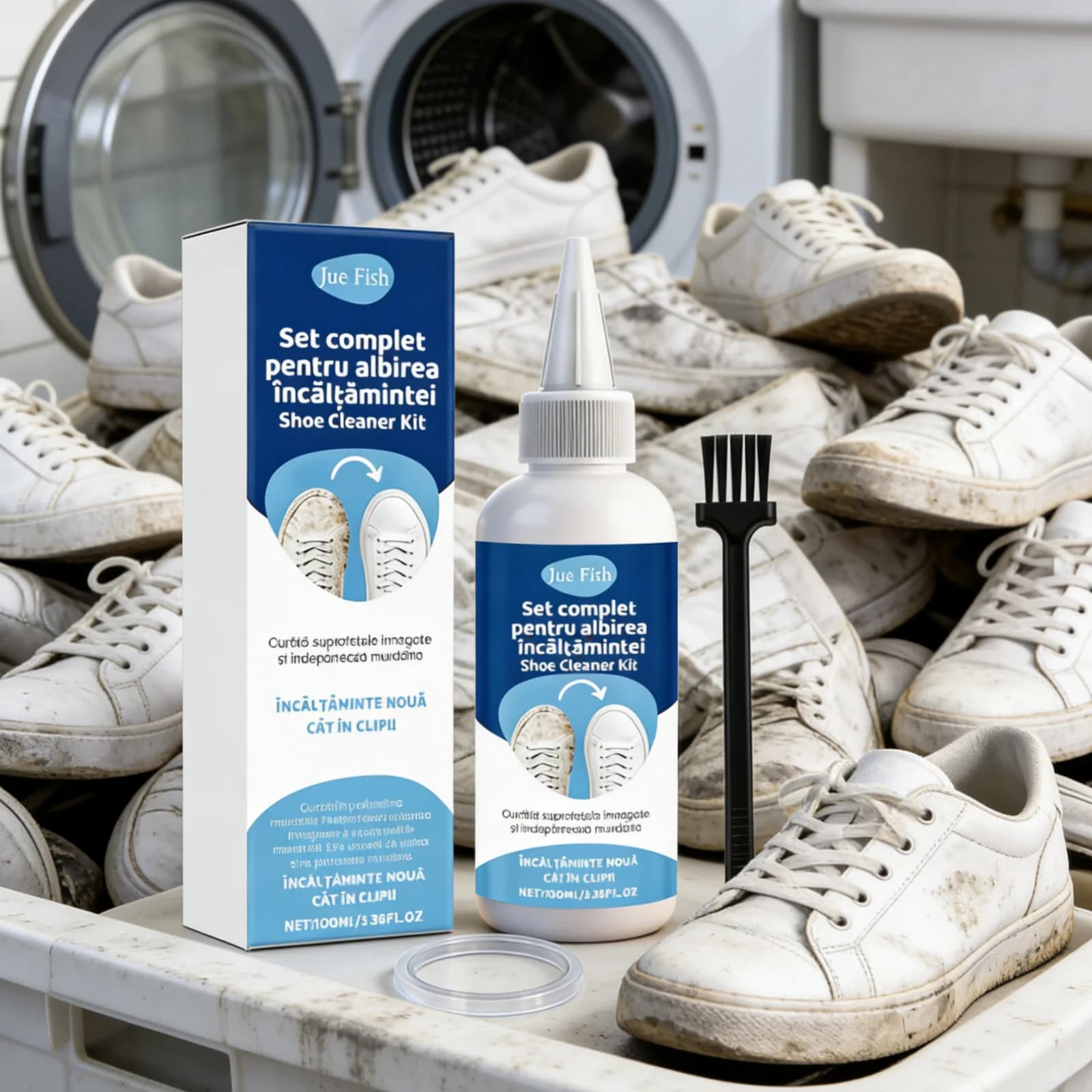 Kit detergente per scarpe Jue Fish, detergente senza risciacquo, rimuove le macchie gialle, decontaminante delicato, detergente sbiancante per scarpe con spazzola, 100ml