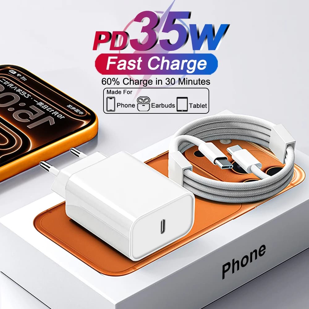 Original 35W PD USB C Fast Charging Adapter Type C Data Cable Travel Plug Wall Charger For iPhone 17 16 15 14 13 12 11 Pro Max