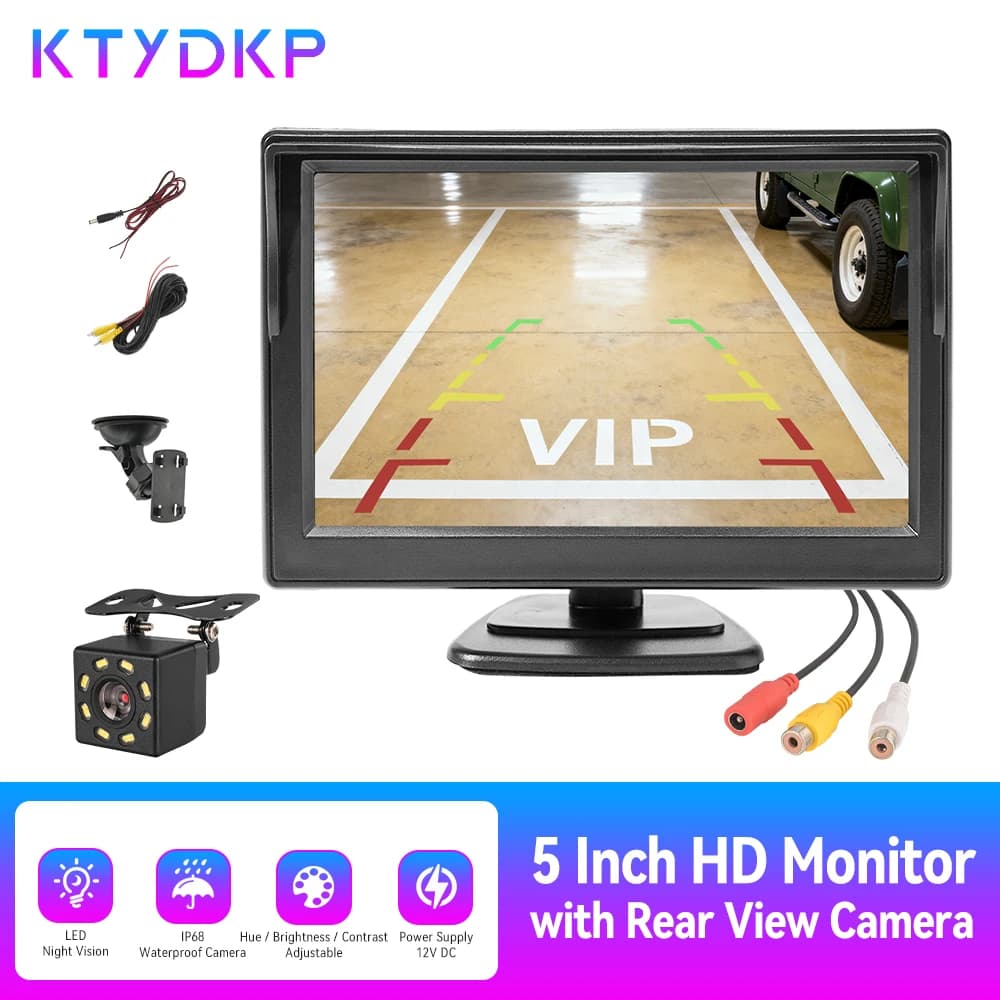 KTYDKP Monitor per auto da 5 pollici con telecamera per retromarcia per parcheggio video per veicoli Display per telecamera di retromarcia HD per visione notturna a LED