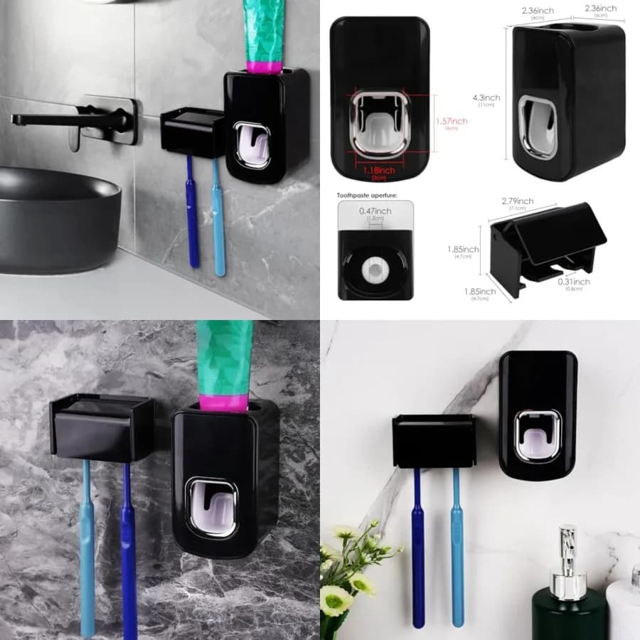 Portaspazzolino da parete a 2 scomparti con coperchio, organizer autoadesivo per spazzolini da bagno, appendispazzolino con dispenser automatico per dentifricio (Nero)