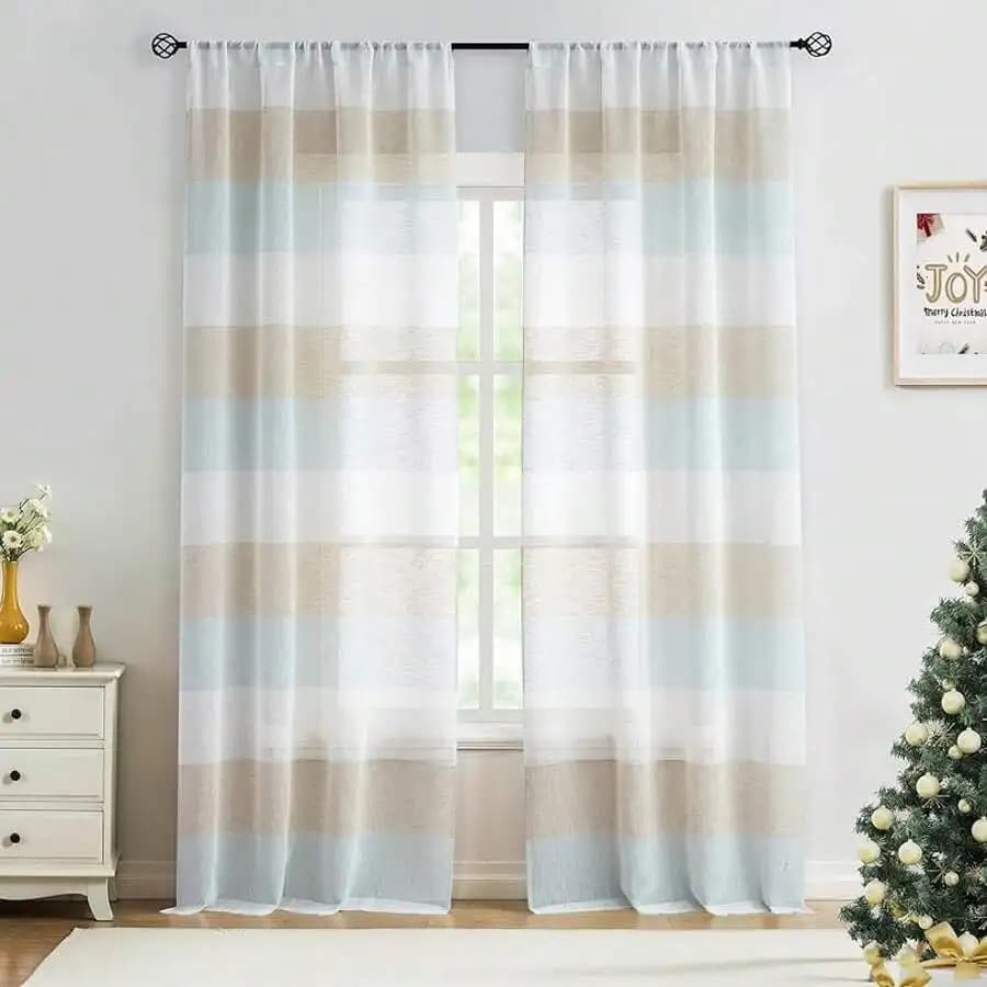 Sheer Striped Color Block Window Curtain Panel Linen Style Grommet Top 95 Inch Long 2 Panels