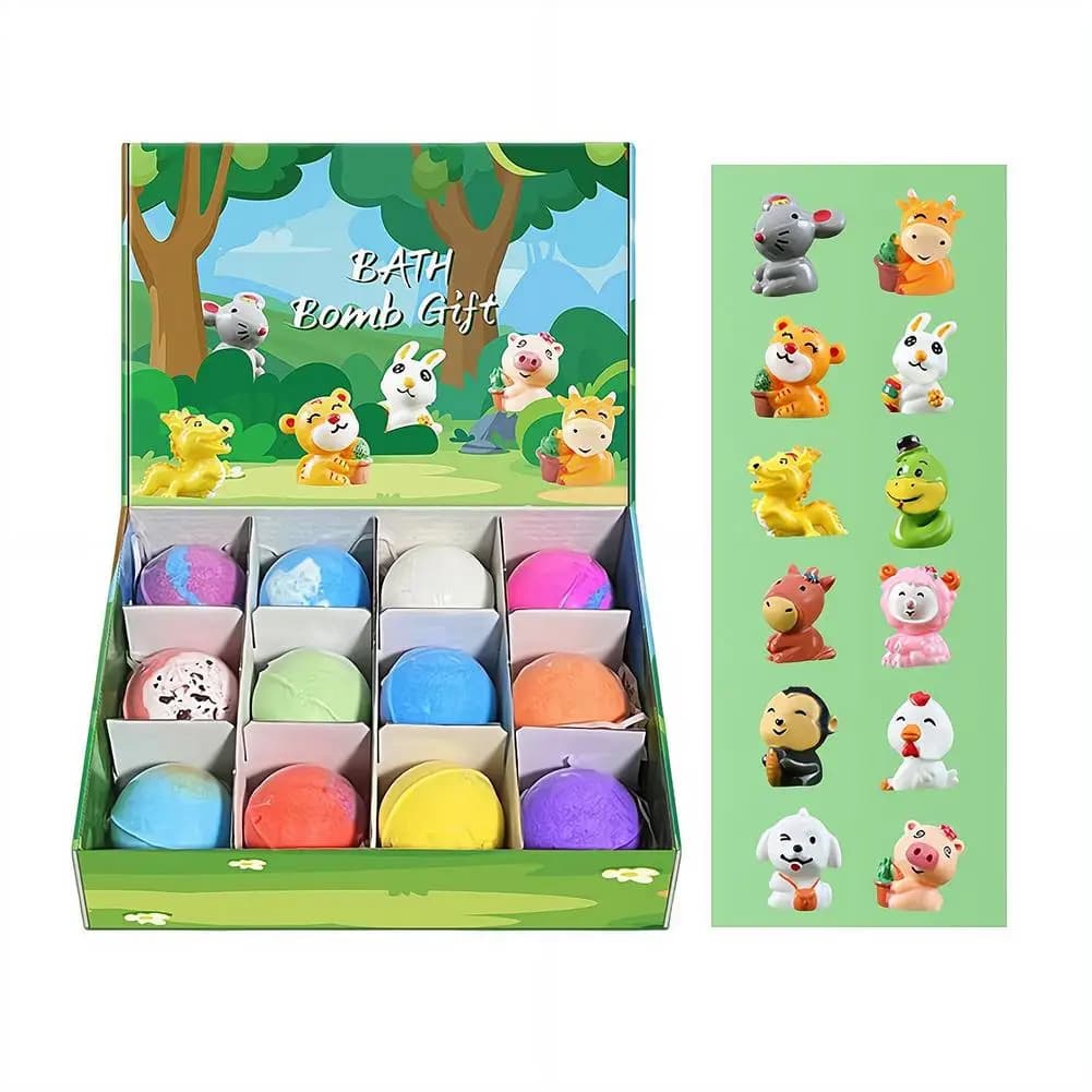 Set Regalo di 12 Bombe da Bagno per Bambini con Sorpresa Giocattolo all'Interno, Oli Essenziali Naturali e Biologici, Kit per Spa e Bagno