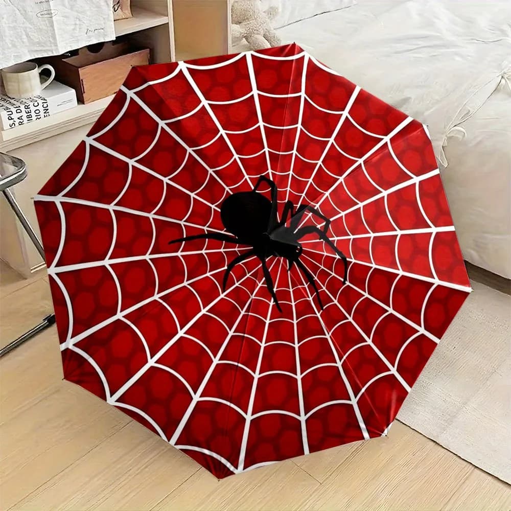 Ombrello Pieghevole Automatico con Design Ragno e Ragnatela - Rosso e Nero con Gambe di Ragno Bianche, 8 Stecche, Compatto e Portatile, Apertura Automatica