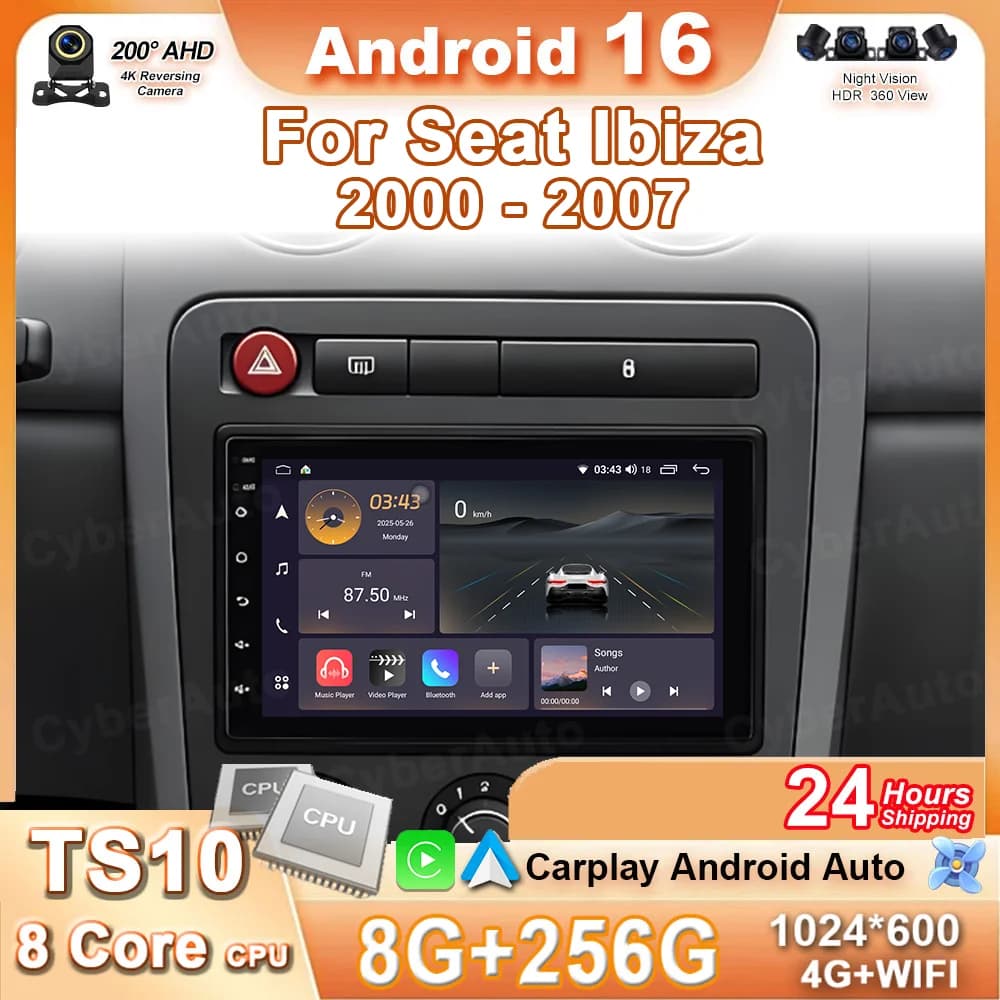 Autoradio 7" per Seat Ibiza 2000-2007 con Carplay Wireless, Android 16, Google Maps, Telecamera Posteriore, Senza DVD 2 DIN, 4G, DSP, BT