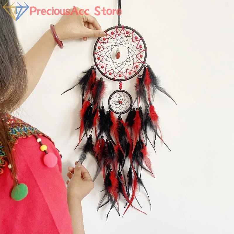 Hand-woven Dreamcatcher Wind Chimes, Exquisite Wall Decoration, Adorned With Artificial Feathers And Crystals