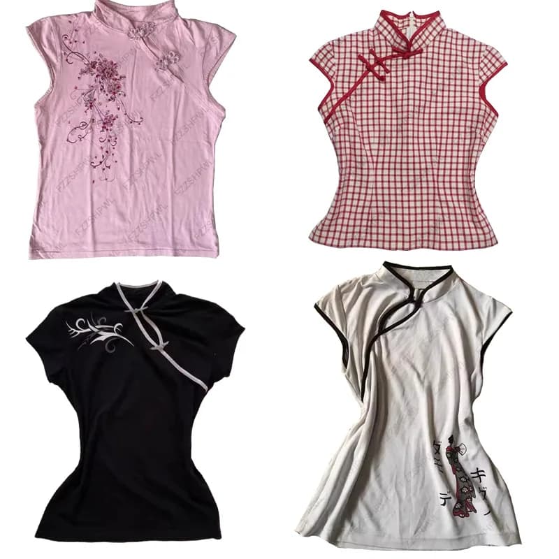 Chinese Style Embroidery Y2K Slim Top Summer Women's Casual Comfortable V-neck Cheongsam Buckle T-shirt Elegant Fashion