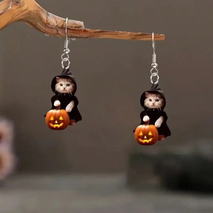 925 Silver Needle Cat Handheld Pumpkin Earrings Acrylic Flat Creative Halloween Funny Ghost Earrings