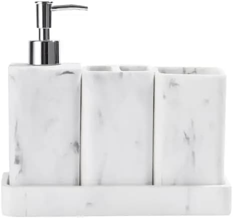 Set di accessori da bagno in 4 pezzi – Dispenser di sapone bianco moderno, porta spazzolini e bastoncini per la pulizia per decorare il lavabo