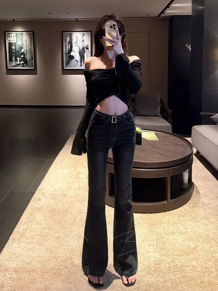 Jeans a Zampa d'Elefante a Vita Alta Modellanti da Donna, in Denim Elasticizzato Premium, Gamba Dritta, Lunghezza alla Caviglia, Casual in Cotone