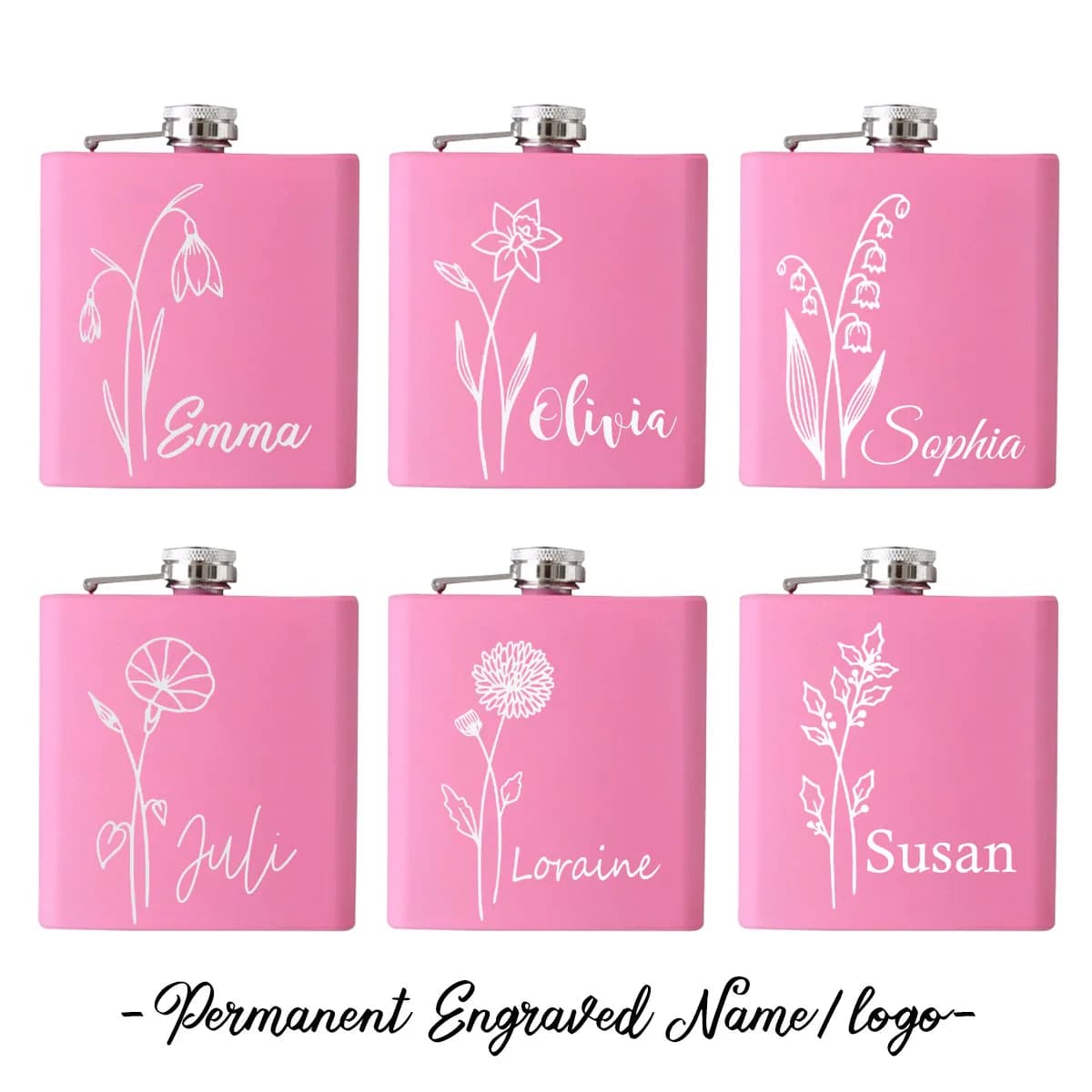 Fiaschetta rosa da 6 once con fiore di nascita personalizzato, fiaschetta con incisione Laser per damigella d'onore, fiaschetta in acciaio inossidabile per regalo di nozze