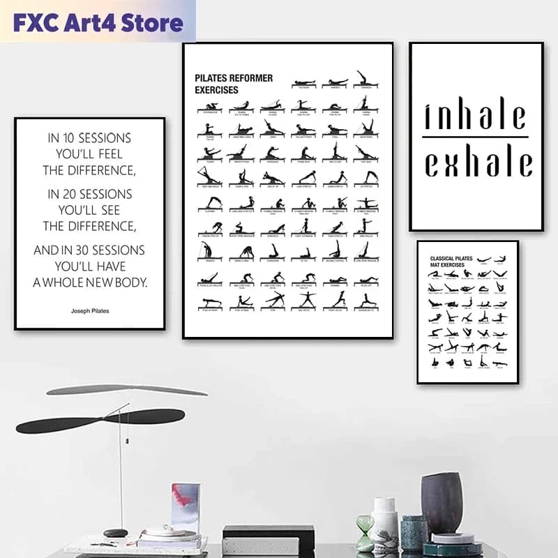 Frameless Pilates Workout Chart Poster Canvas Prints Yoga Room Wall Decor , Pilates Gift BodyBuilding Guide Fitness Gym Painting