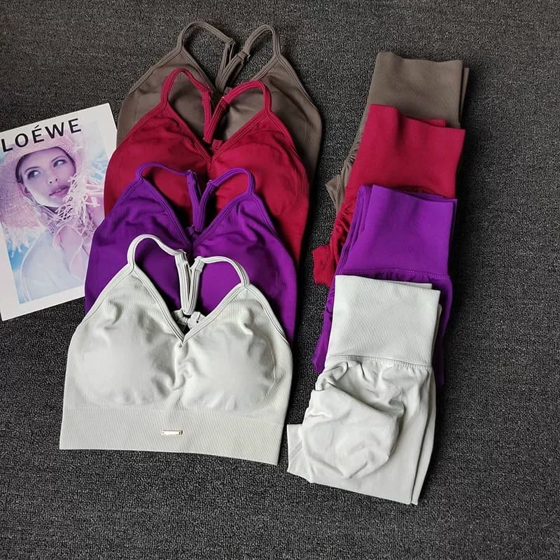 2PCS Gym Seamless Hip Lifting Fitness Set Running V-neck Bra Leggings Yoga Set Quick Drying Exercise Iron Massage High Fat Pants