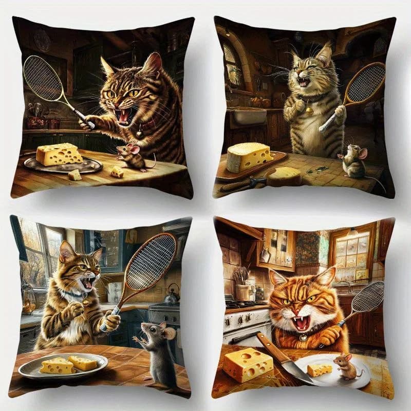 Set of 4 Funny Food Bearings with Cat and Top Playing Tennis, Tabby Cat Humor Printing with Tennis Rack and Cheese