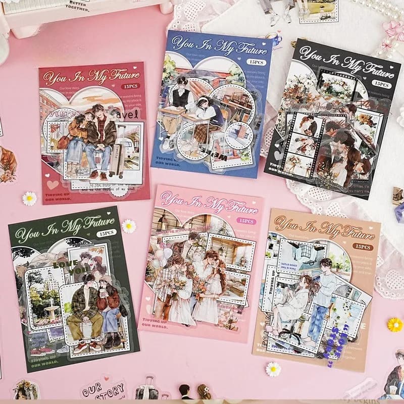 Adesivo per personaggi in PET da 15 pezzi per journaling Adesivo in PET fustellato per scrapbooking Adesivo decorativo per diario spazzatura