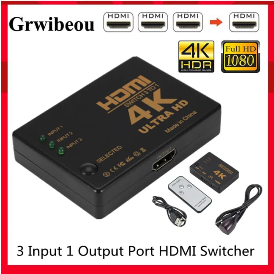 GRWIBEOU Splitter HDMI 4K 2K 3x1, Adapter Video Switcher HD 1080P, Hub HDMI 3 Inputs 1 Output for Xbox PS4 DVD HDTV PC