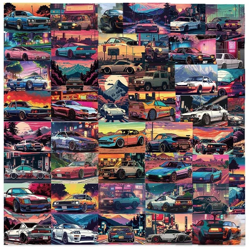 50 Pieces Wall decals Graffiti Retro Auto Racing, DIY-Te decorations for Phone, Laptop, Skateboard, Moto, Bike, Helmet, Toys and Gifts