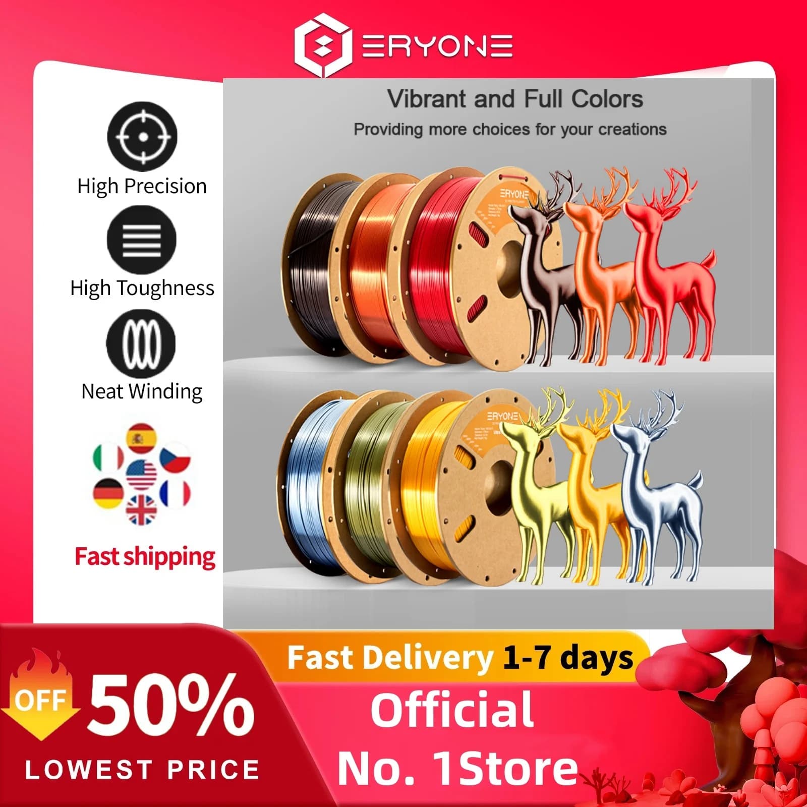 ERYONE 1/5/10KG Filament PLA Premium Ultra Silk 1,75mm 3D Printing, Multicolor Available, Silk Plate Filament, 1KG/bobine