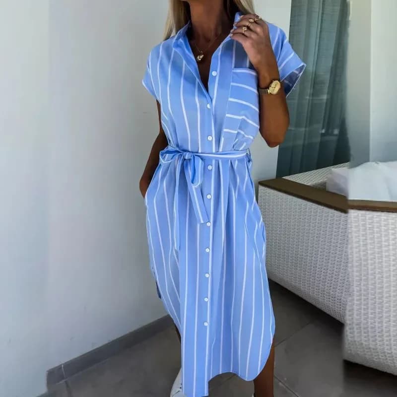 Abito da camicia a maniche corte con risvolto da donna da ufficio Abito da festa monopetto stampato a righe alla moda Abito lungo con lacci estivo casual