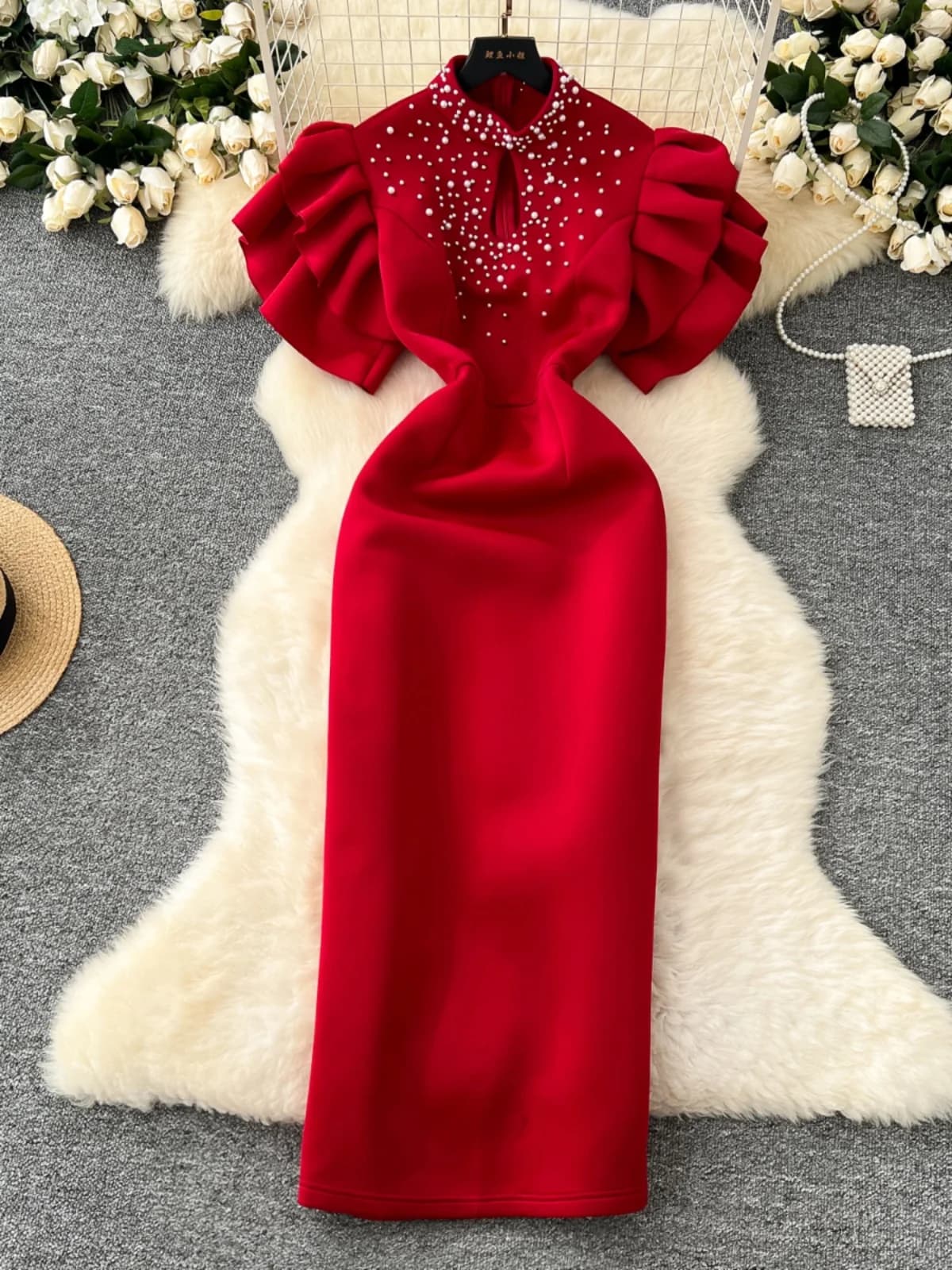 Sexy Hollow out Beaded Evening Party Dress Women's High Waist A-Line Midi Skirt Short Sleeve Floral Print Dresses