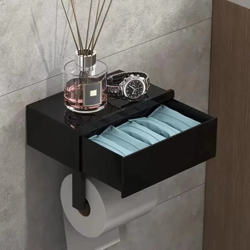 Portarotolo da parete nero elegante con mensola - Senza foratura, organizer da bagno resistente per gli oggetti essenziali