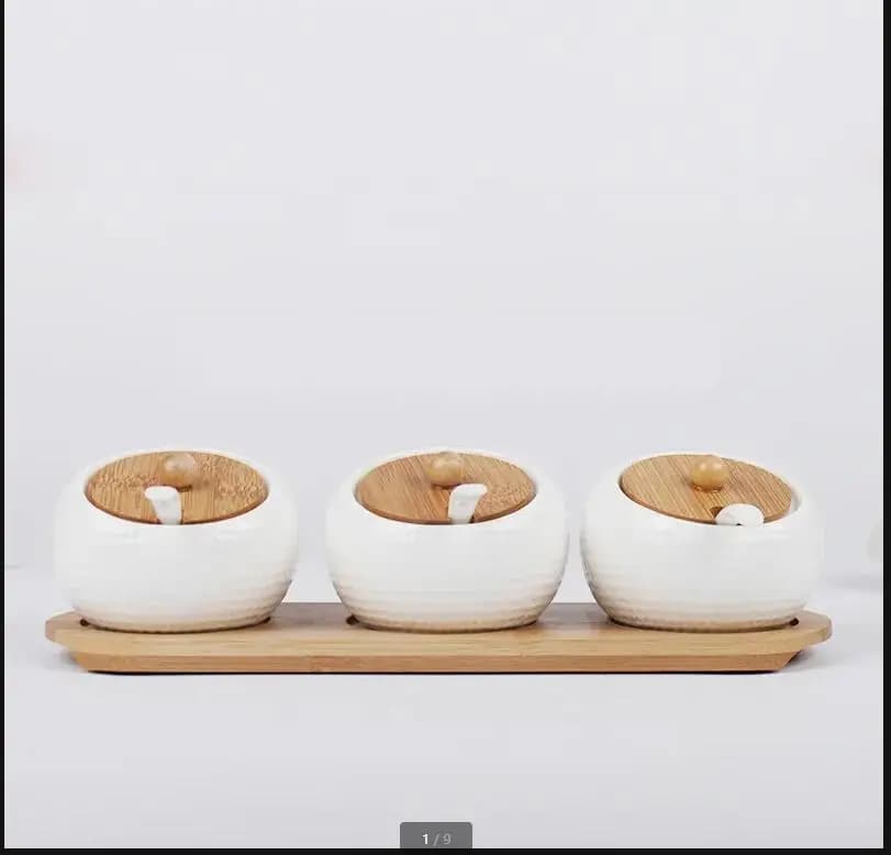 Ceramics Spice Jar Wooden Cover Seasoning Set Combination Box Home Kitchen Supplies Salt Shaker Container
