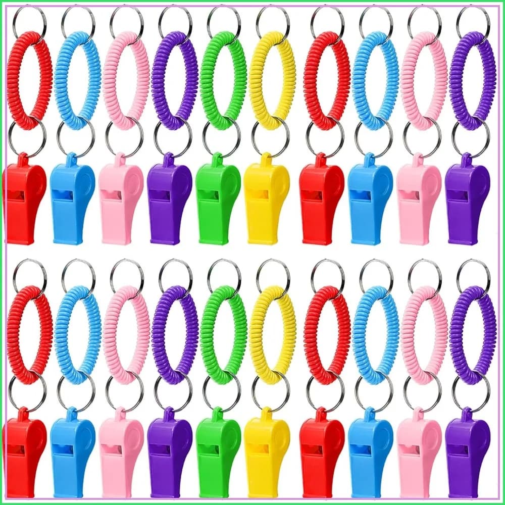 30 Pcs Sport Whistles with Stretchable Coil Wrist Keychain Ring for Coaches, Referees, Officials, Emergency Training